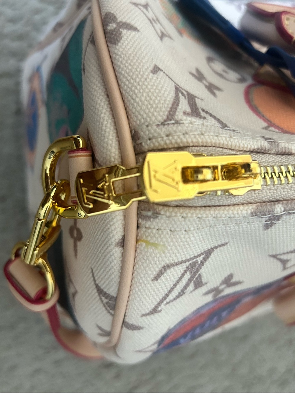 Beige Monogram Travel Patch Satchel with Blue Tag and Pink Straps - Picture 10 of 14